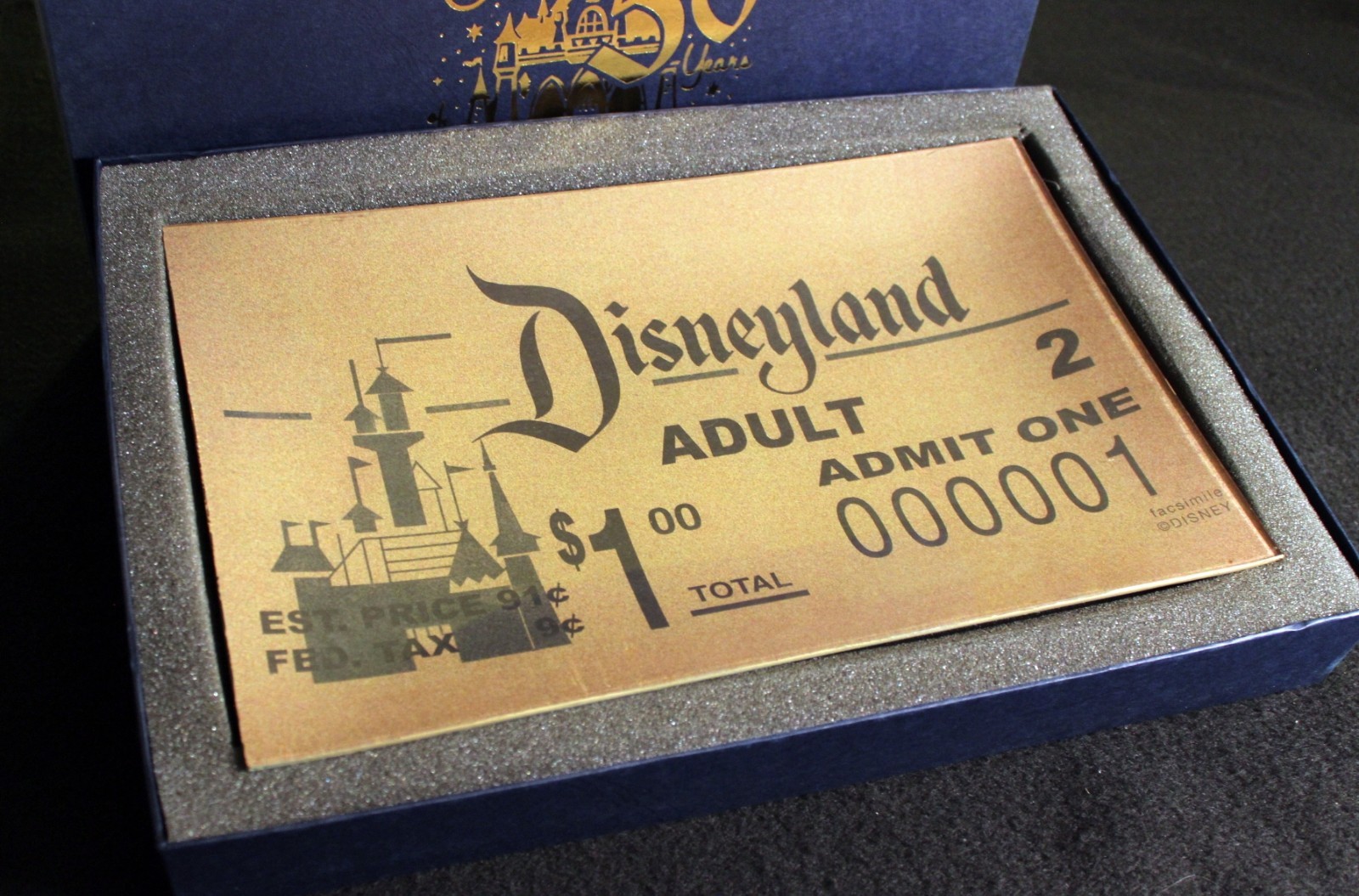 Disneyland 50th Anniversary Glass Tray Replica of First Day Ticket Roy O. Disney