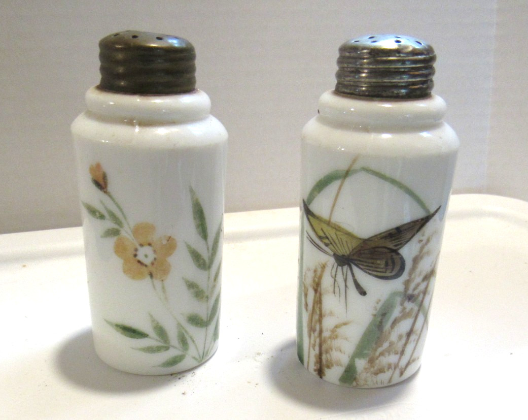 Victorian Mt. Washington Glass Hand Painted Salt & Pepper Shakers Milk Glass 