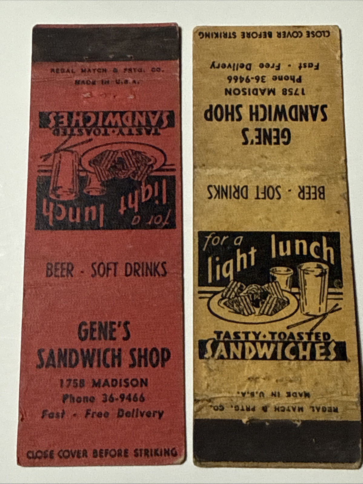 Lot 2 Memphis TN Gene’s Sandwich Shop   Madison Restaurant Vtg Matchbook Cover