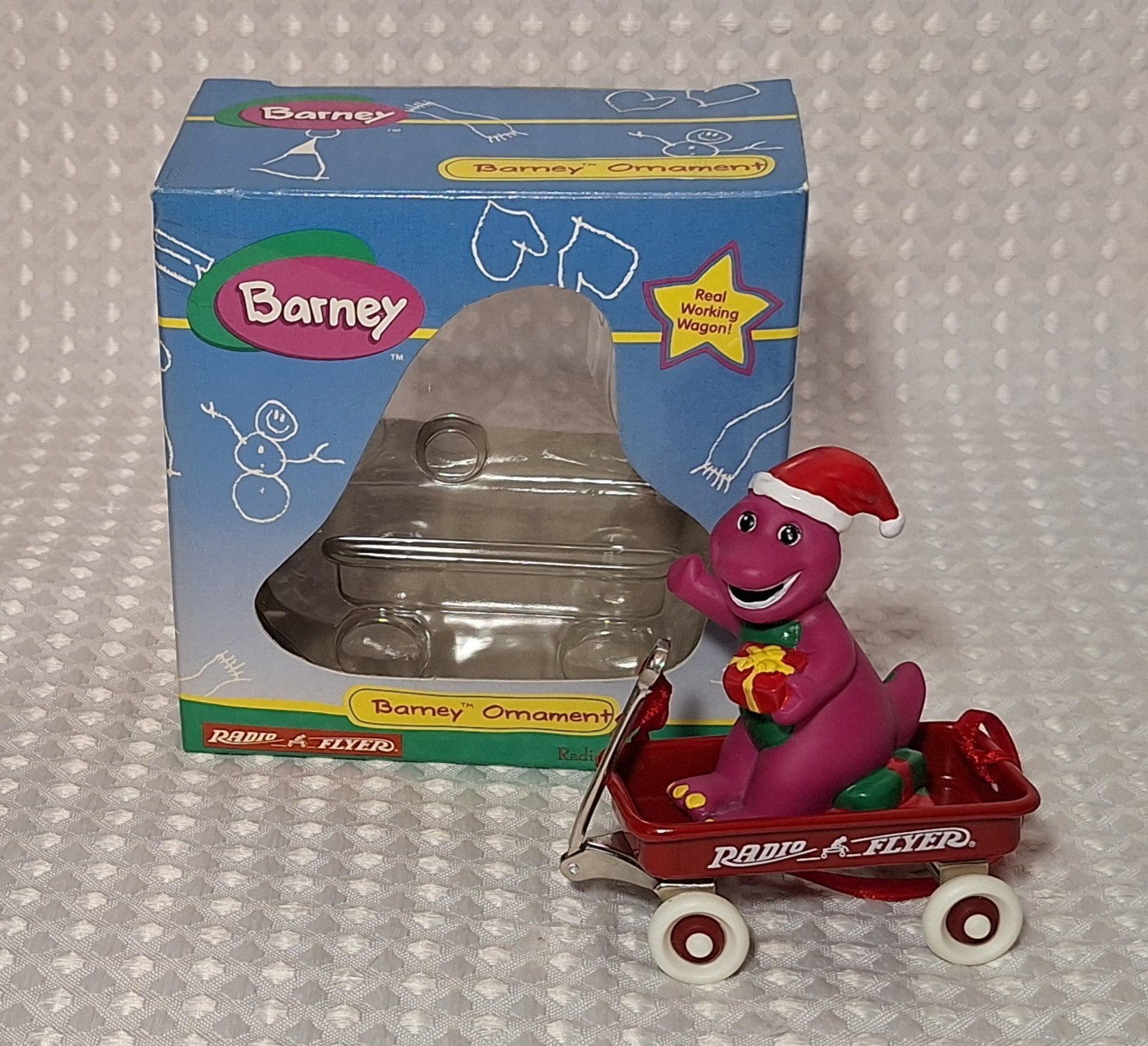 Vintage 1998 Barney Radio Flyer Red Wagon Dinosaur Christmas Ornament W/ Box
