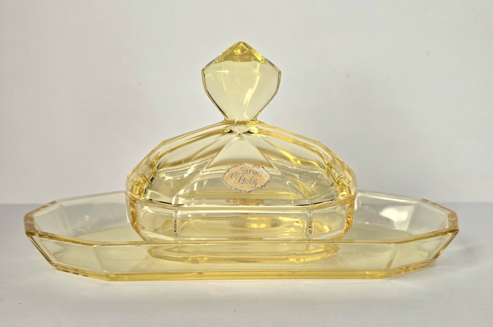 1930\'s STOLZ von STREIT Antique CITRON Yellow PRESSED Glass ~ 3 Piece VANITY Set