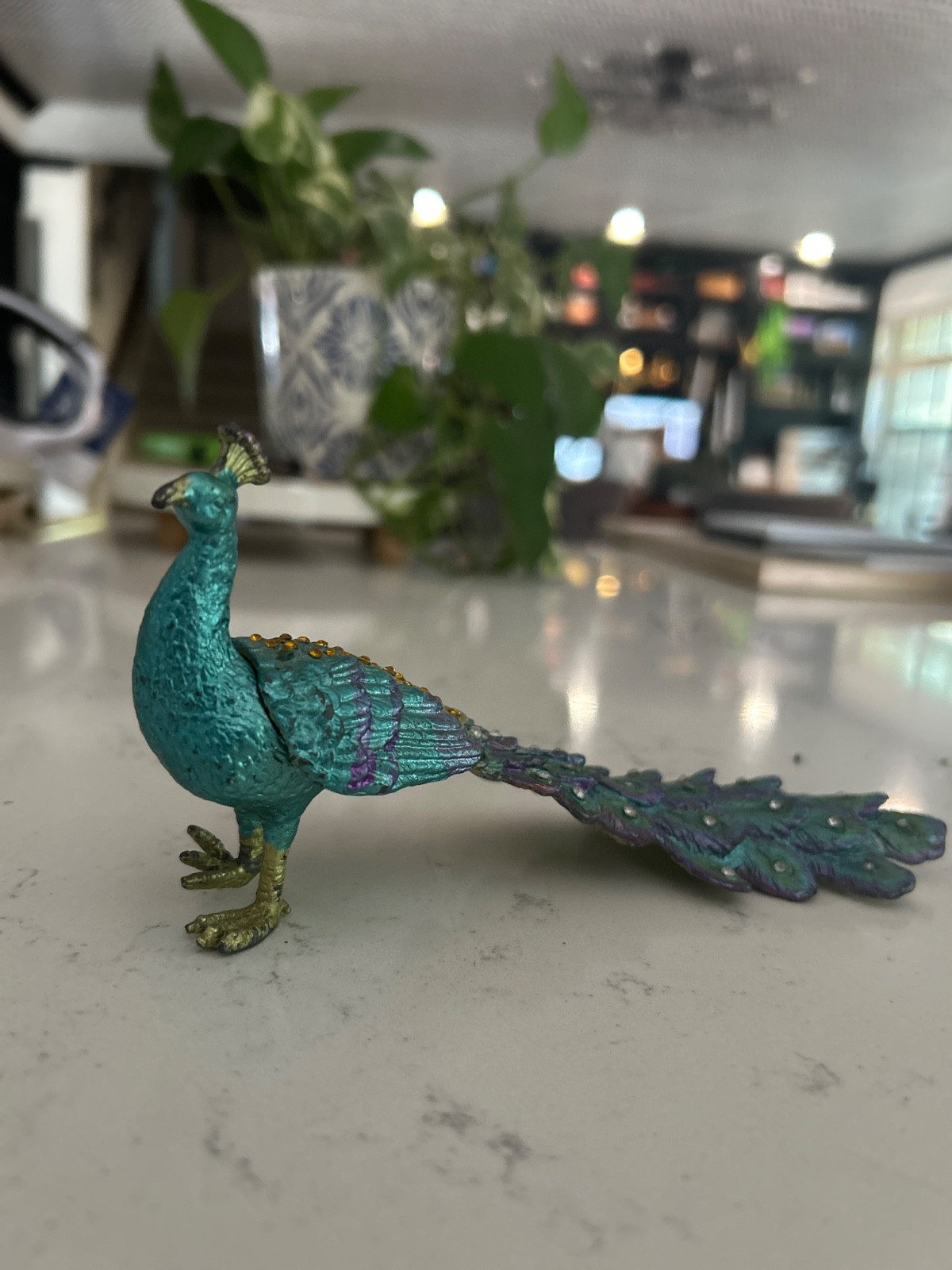 Jeweled Enamel Peacock Trinket Box Hinged Turquoise Purple Rhinestones 6”