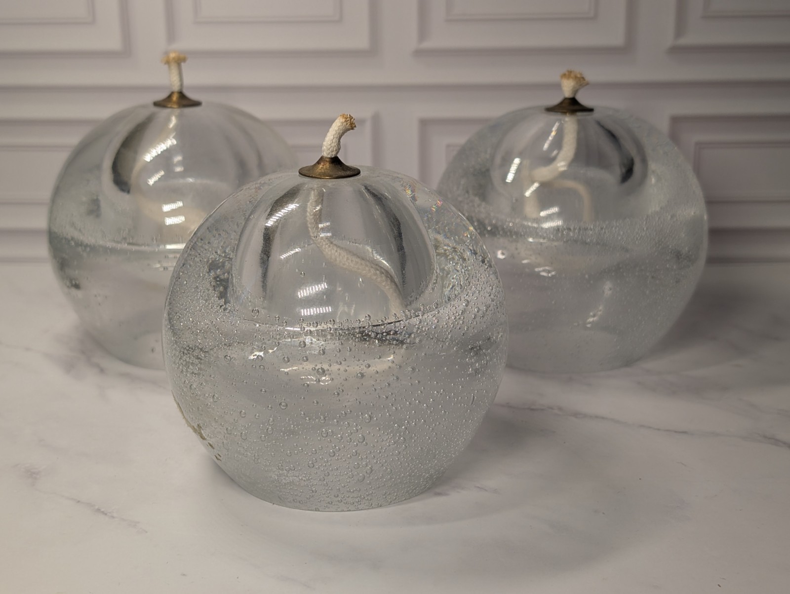 ThreeClear Controlled Bubble Art Glass Round Sphere Oil Lamp Handmade in Poland 