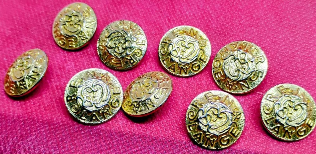 Lot Of 9 Vintage Rena Lange Buttons 20mm Gold Color Metal With Embossed Logo Lot Of 9 Vintage Rena Lange Buttons 20mm Gold Color Metal With Embossed Logo