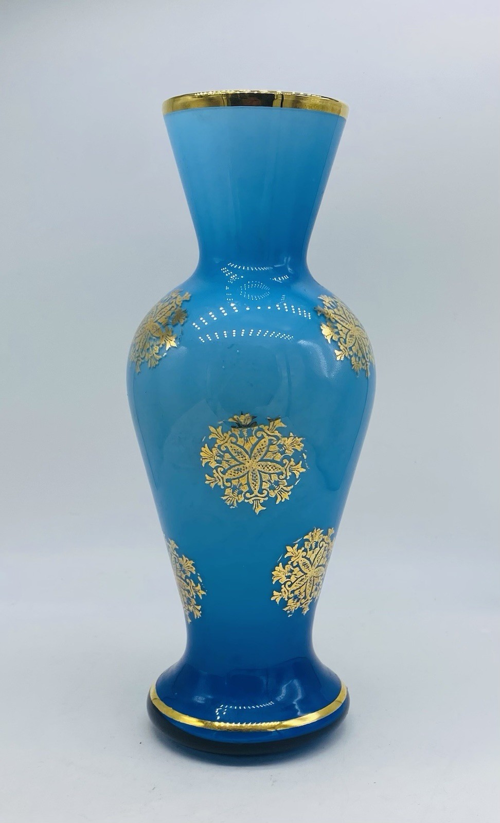 Art Nouveau FRENCH BLUE OPALINE Glass Enameled Gold Gilded Vase