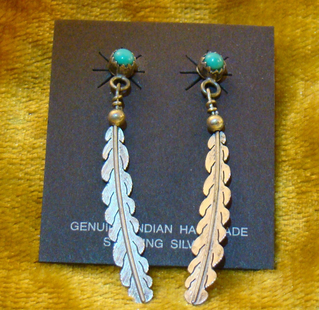 Vintage Handmade Navajo Sterling and Turquoise Feather Design Earrings 2\