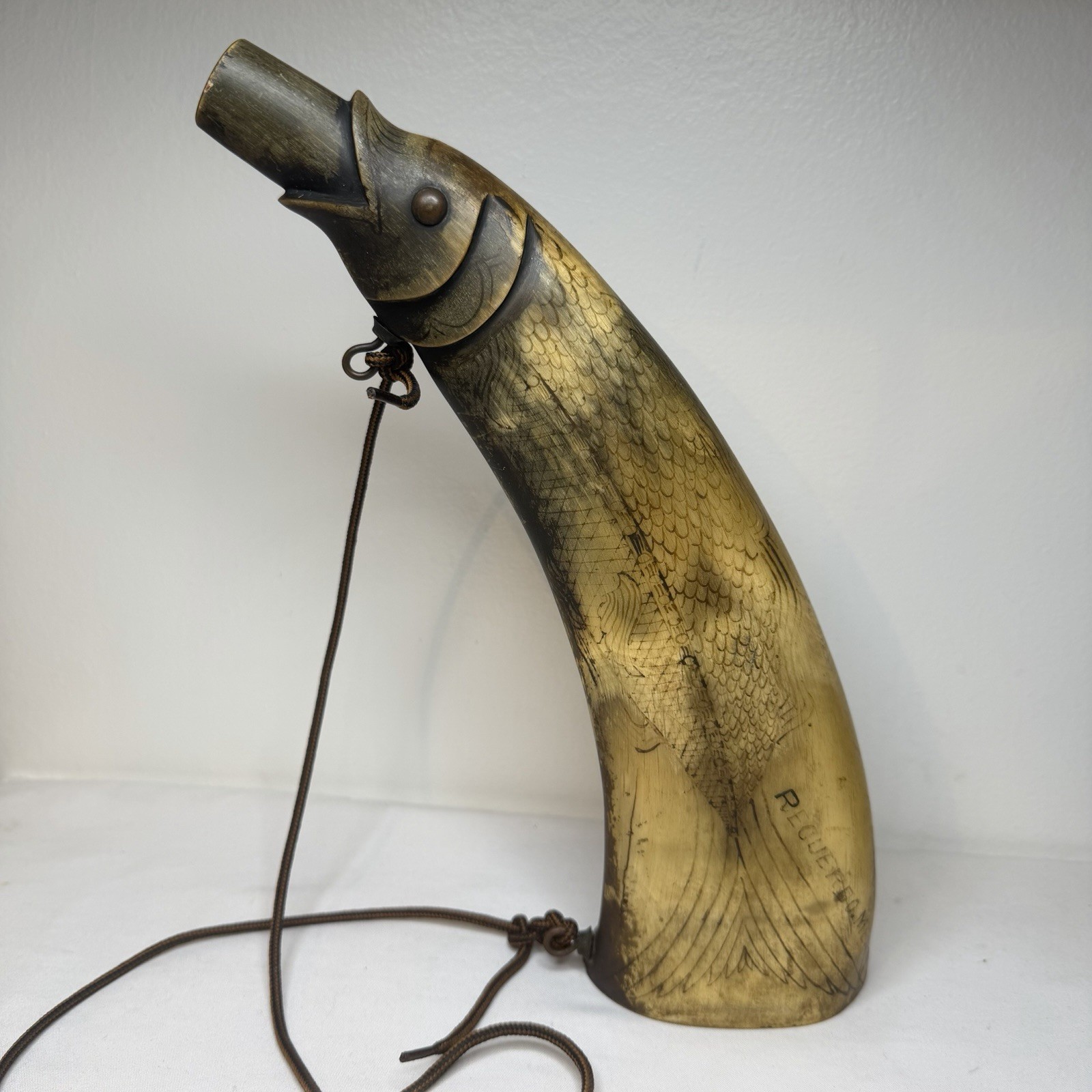 Original Vintage Antique Powder Horn Detailed Fish Mexican Folk Art