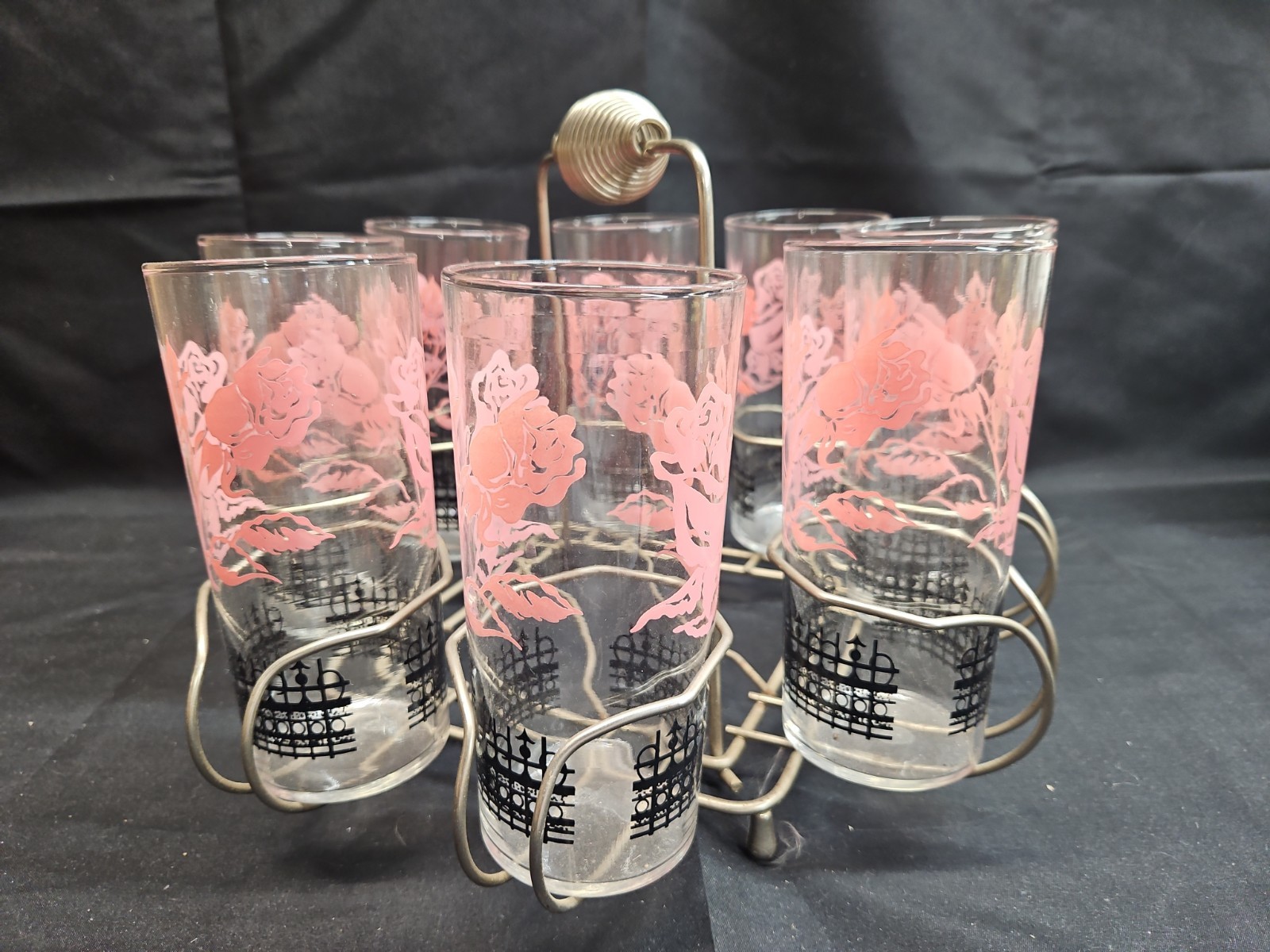 Set of 8 Vintage Federal Pink/Black Drinking Glasses 6\