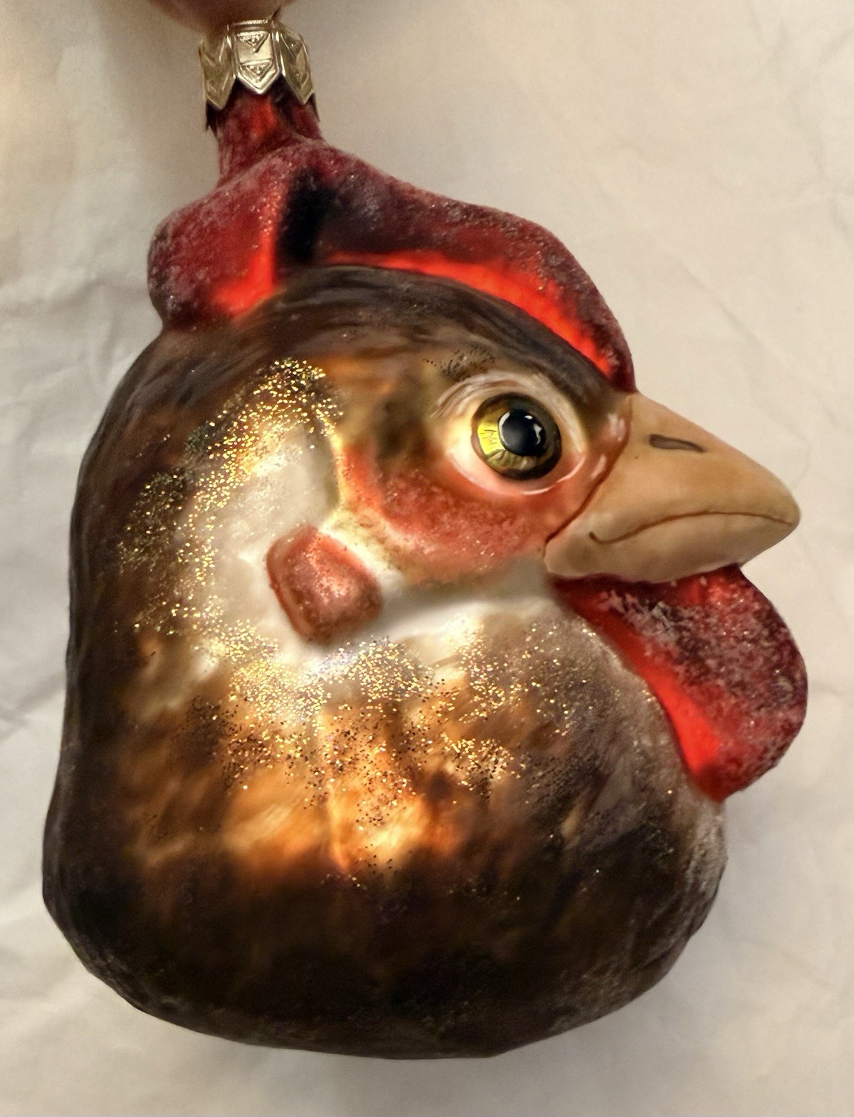 Slavic Vintage Glass Rooster Head Ornament Brown Red Gold.  Excellent condition