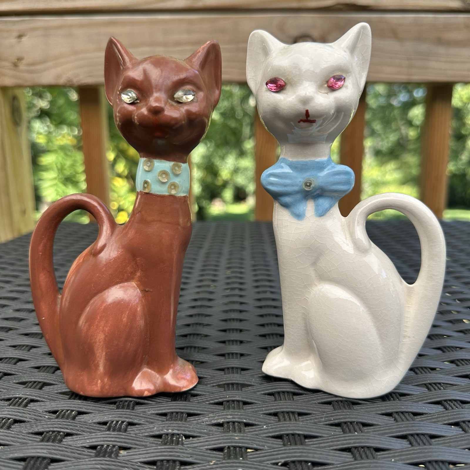 Vintage MCM Atomic Ceramic Cats Pair Rhinestone Eyes Bow Tie Brown White