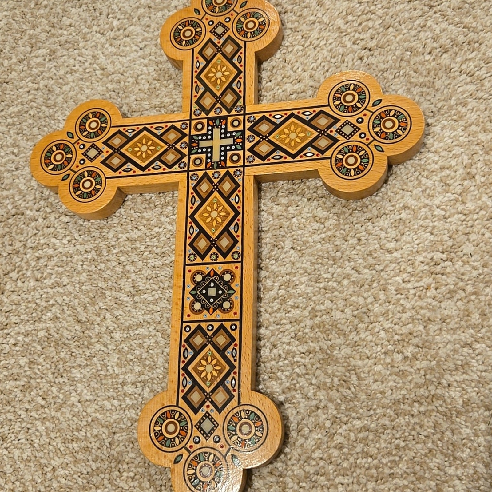 Vintage Intricate Inlaid Wooden Cross Handmade Mother of Pearl Beads Religious