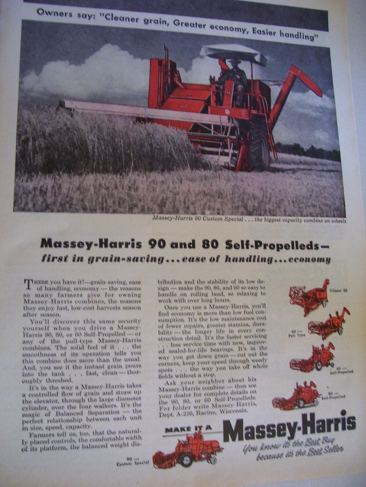 VINTAGE MASSEY HARRIS  ADVERTISING - MH COMBINES  50 - 90 CUSTOM SPECIAL