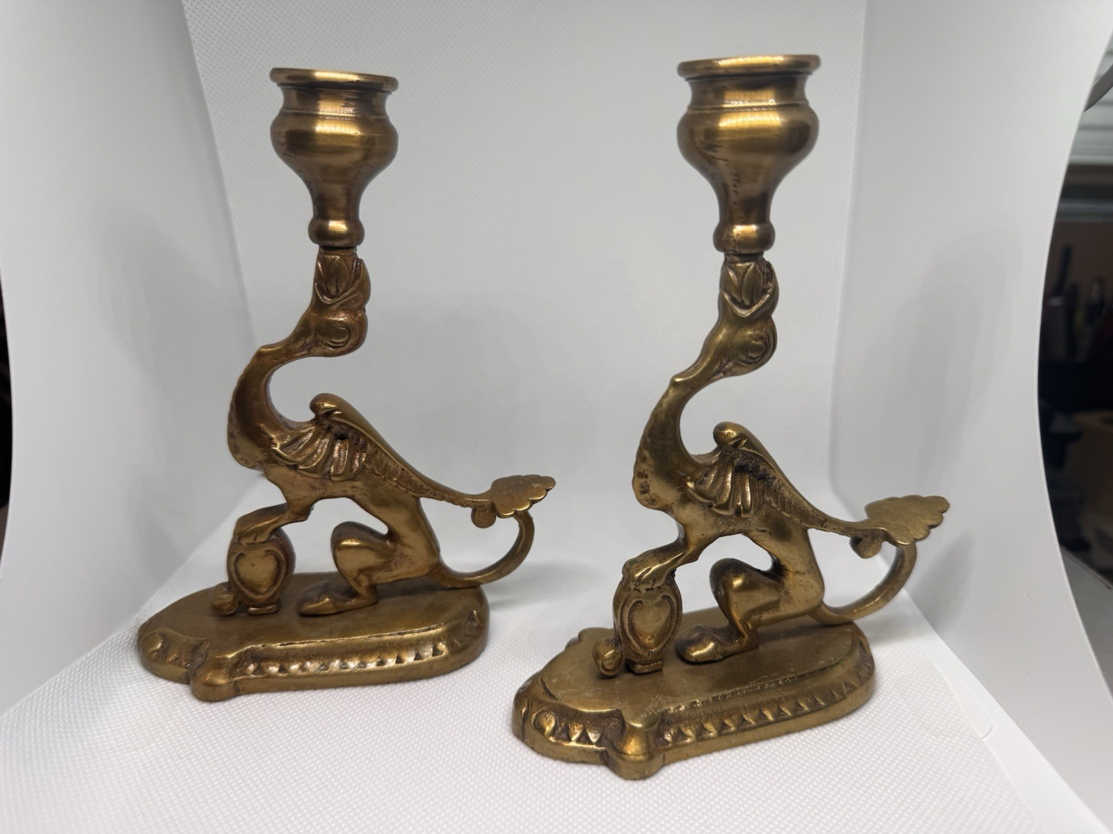 Vintage Brass Griffin Dragon Candlesticks Pair Gothic Ornate Candle Holders
