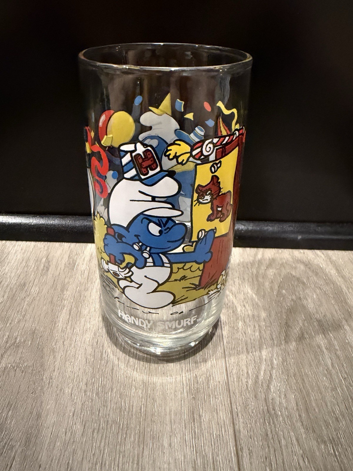 Vintage Peyo, 1983, Wallace Berrie & Co., SMURF Drinking Glass, HANDY Vintage Peyo, 1983, Wallace Berrie & Co., SMURF Drinking Glass, HANDY