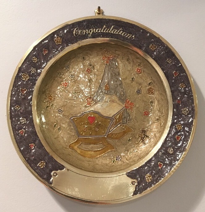 VTG Solid Brass Cloisonne  Congratulations Baby Nursery Wall Plate #2074 NOS