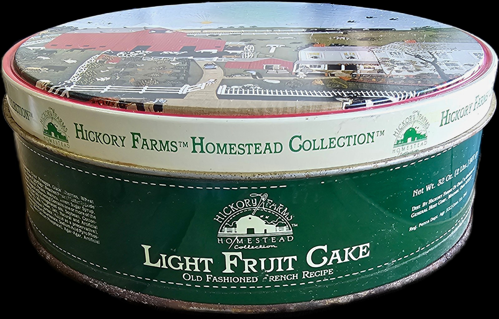 Vintage Hickory Farms Homestead Collection Light Fruit Cake Tin Farm Scene