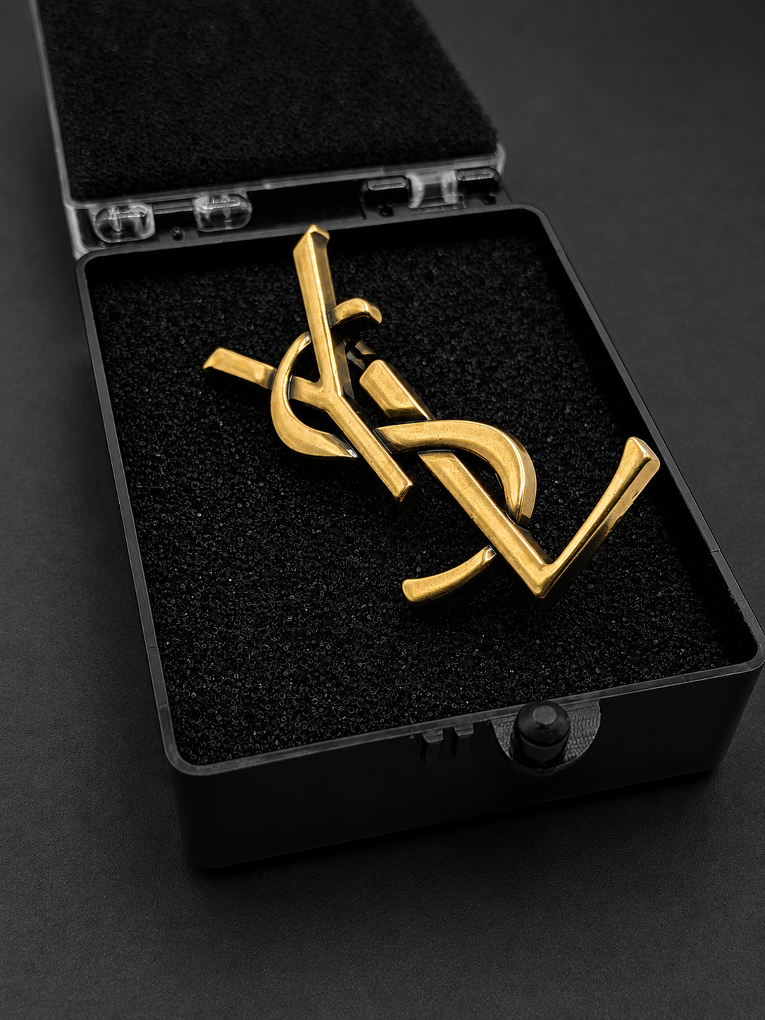 YSL Antique Bronze Gold Brooch Hat Scarf Tie Collar Lapel Pin Saint Laurent
