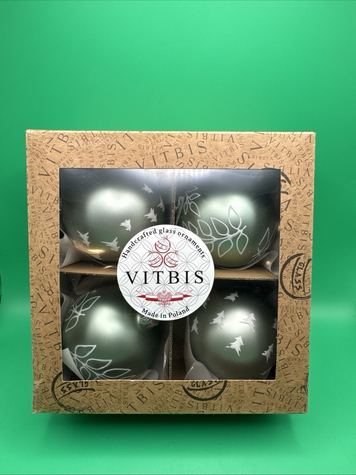Teal & Silver Stencil VITBIS Glass Ornaments Made in Poland 3\