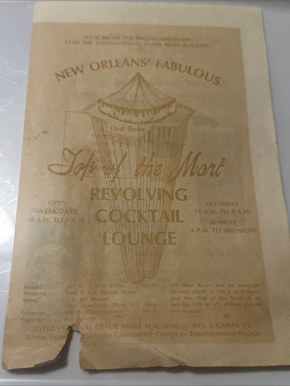 New Orleans' Fabulous Top of the Mart Revolving Cocktail Lounge 1975 Menu