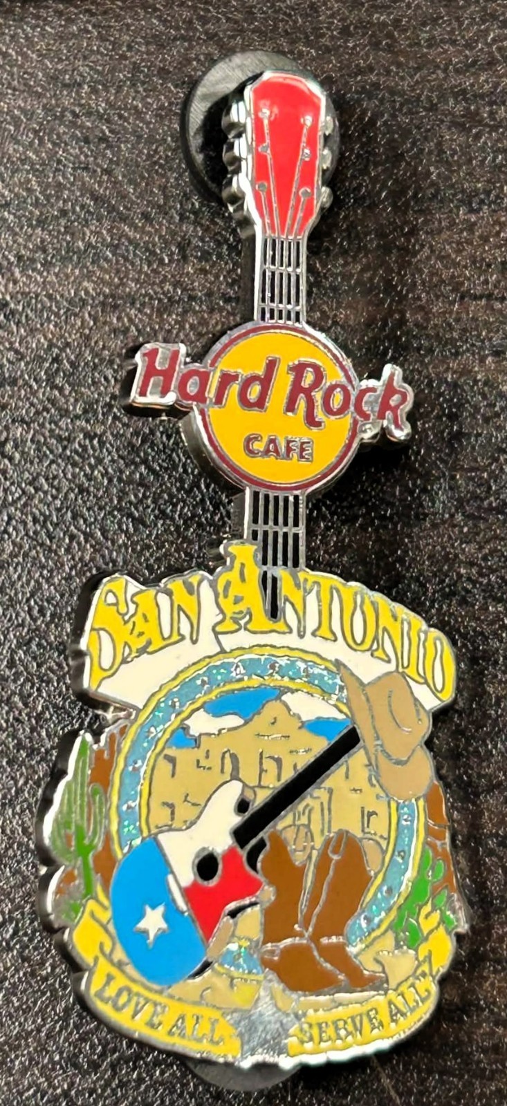 Hard Rock Cafe San Antonio Texas Guitar Pin Alamo Cowboy Boots Guitar NEW