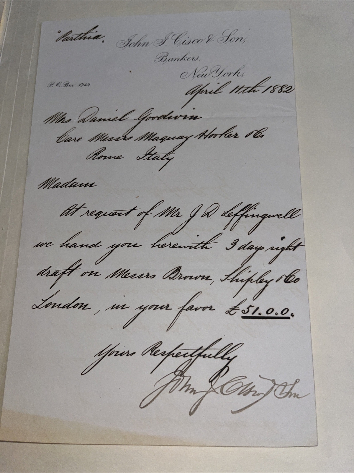 Antique Letter to Mrs Goodwin Hartford CT Family C/O Maquay Hooker Rome Banker