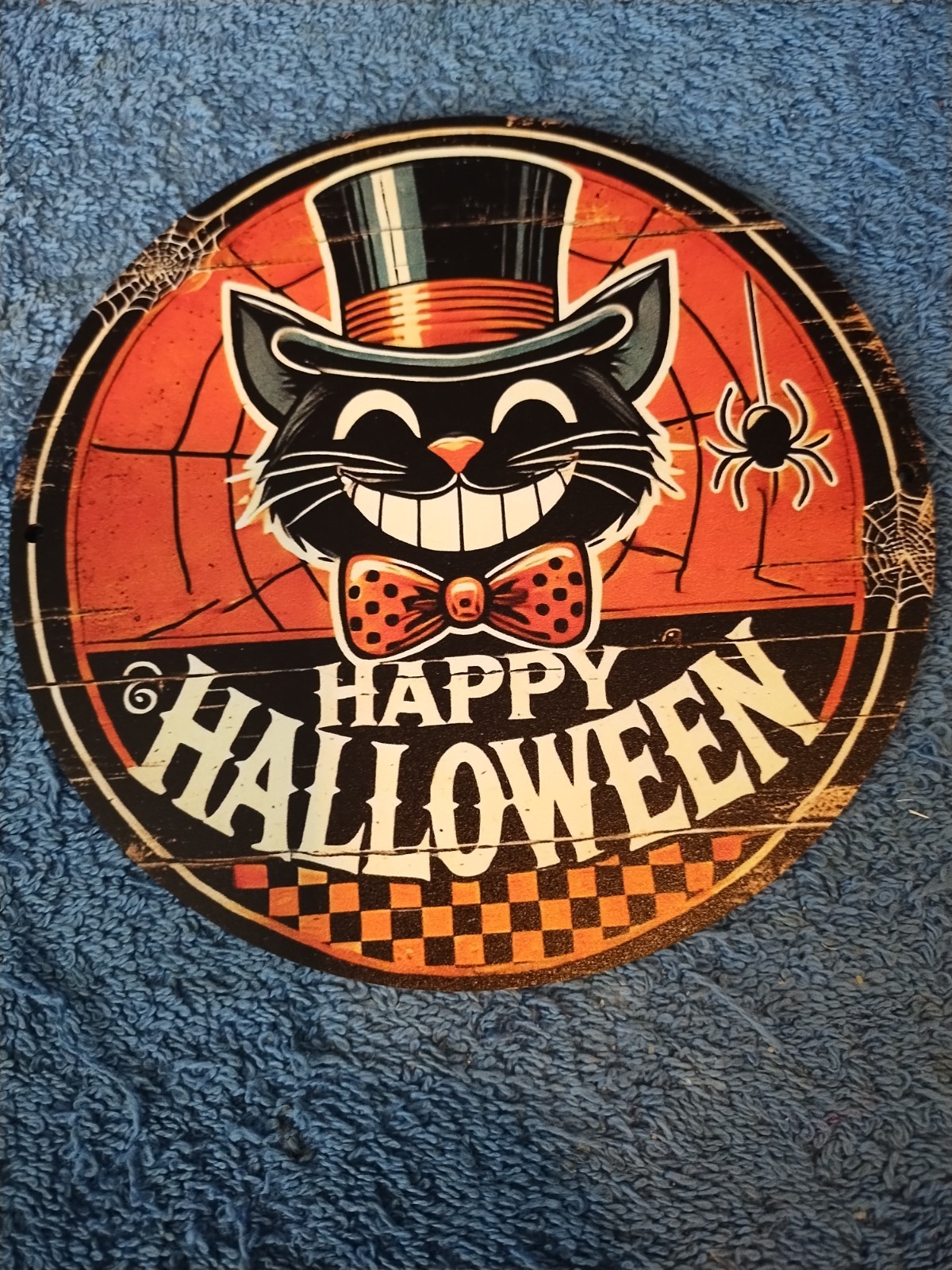 Vintage Style Happy Halloween Black Cat Top Hat Retro Sign Wood New