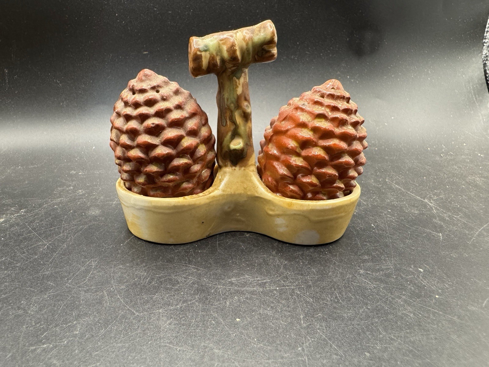 Vintage Pine Cone Salt And Pepper Shakers w/ Holder Ceramic Made In Japan 2”