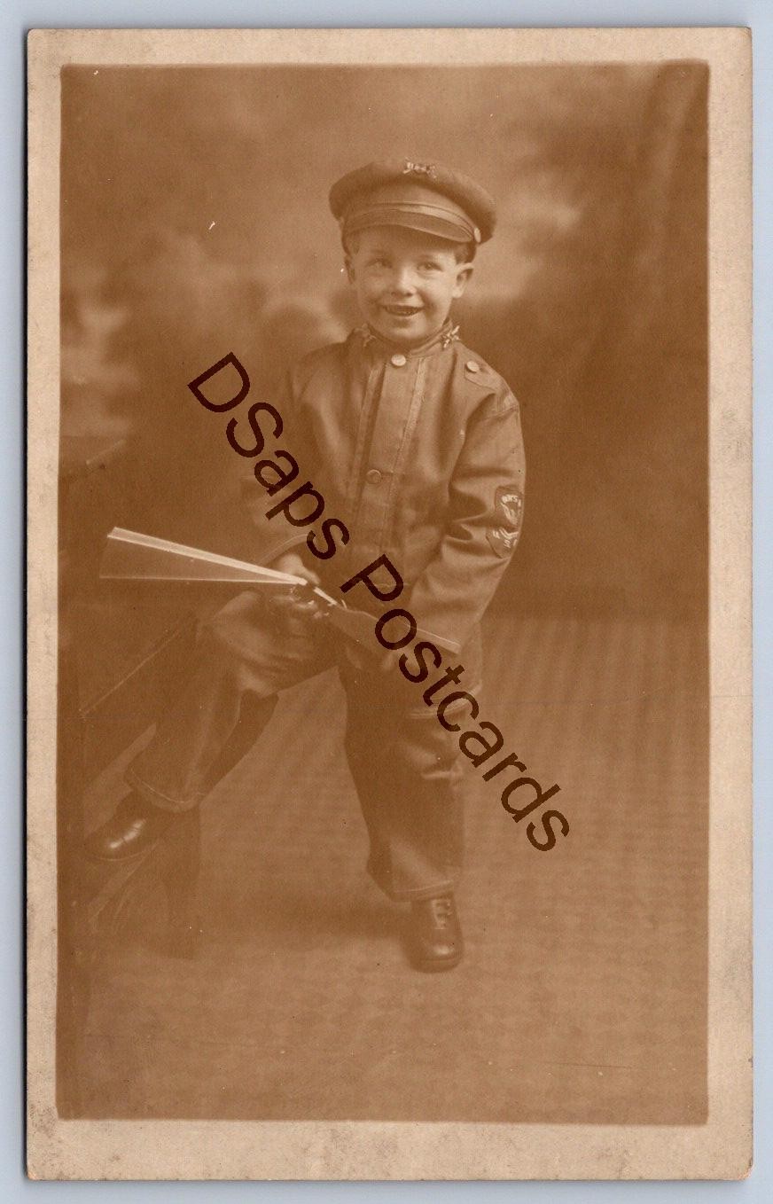 K55/ Interesting RPPC Postcard c1910 Cute Child Soldier Costume Toy Gun 483
