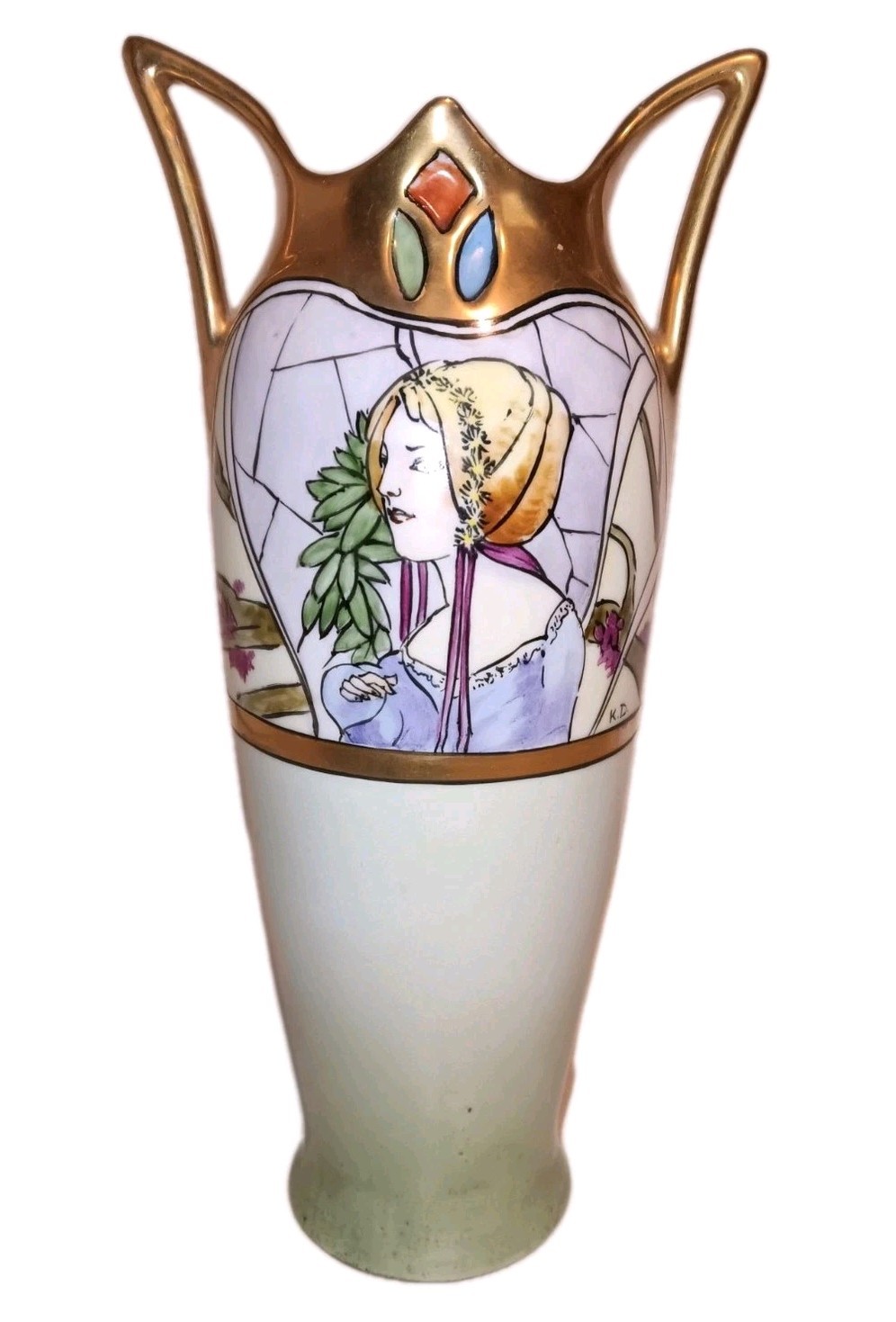 1928 Art Nouveau Handpainted Porcelain Portrait Vase with Gold Gilding 9 Inch 1928 Art Nouveau Handpainted Porcelain Portrait Vase with Gold Gilding 9 Inch