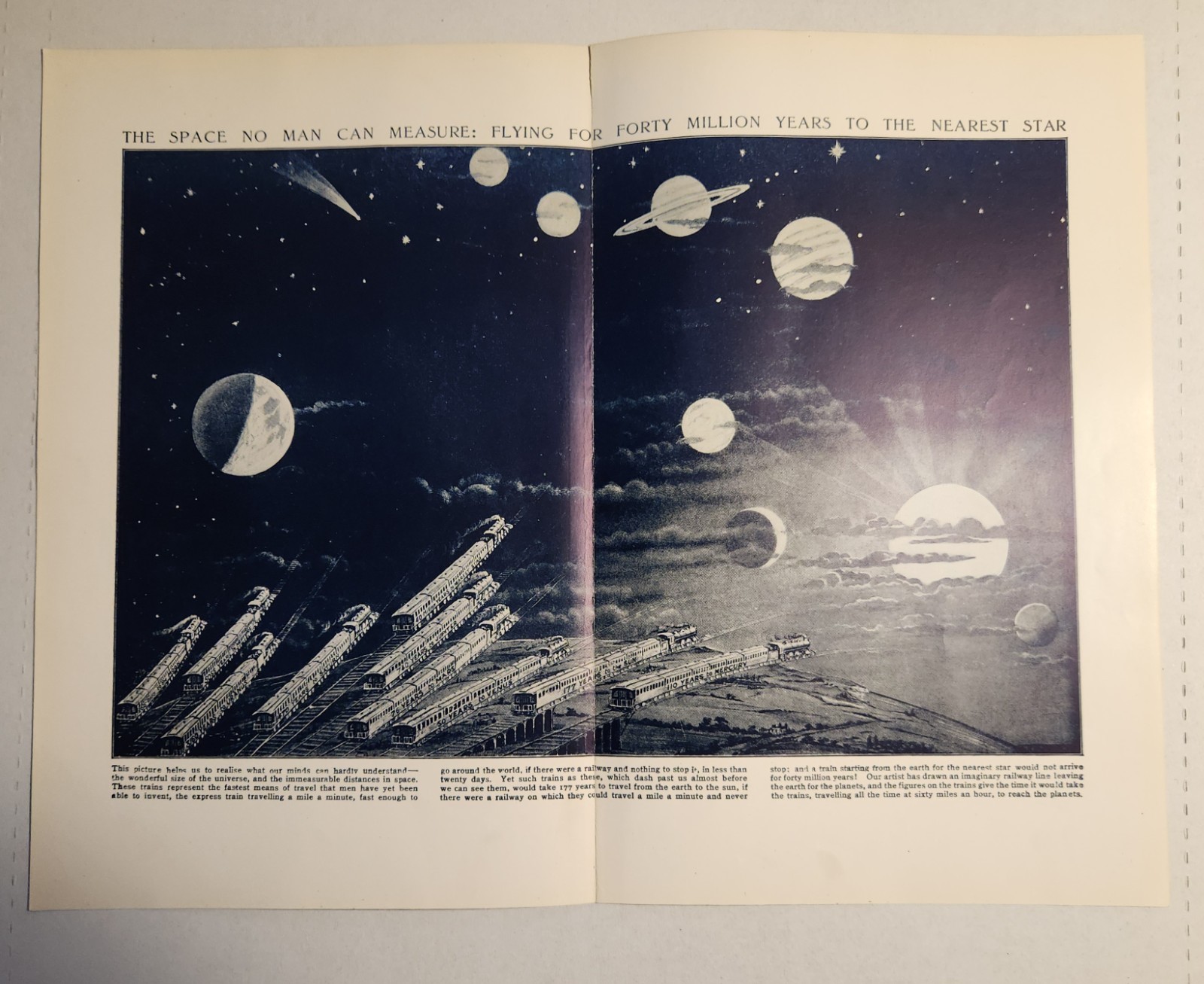 Vintage Original Pages From 1919 Encyclopedia Showing Trains Traveling To Space