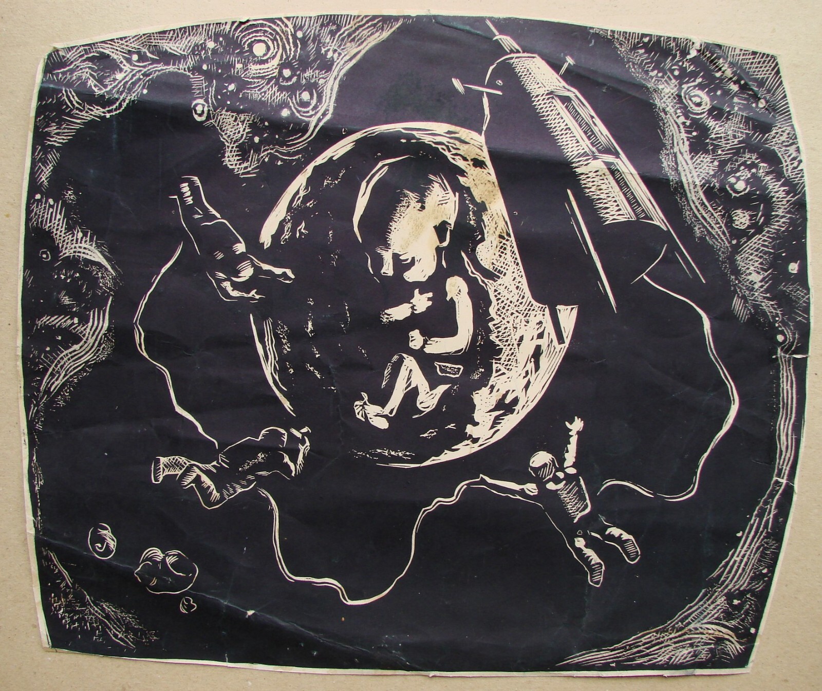 Ukrainian Soviet USSR Linocut realism space Baby infant astronaut rocket Ukrainian Soviet USSR Linocut realism space Baby infant astronaut rocket