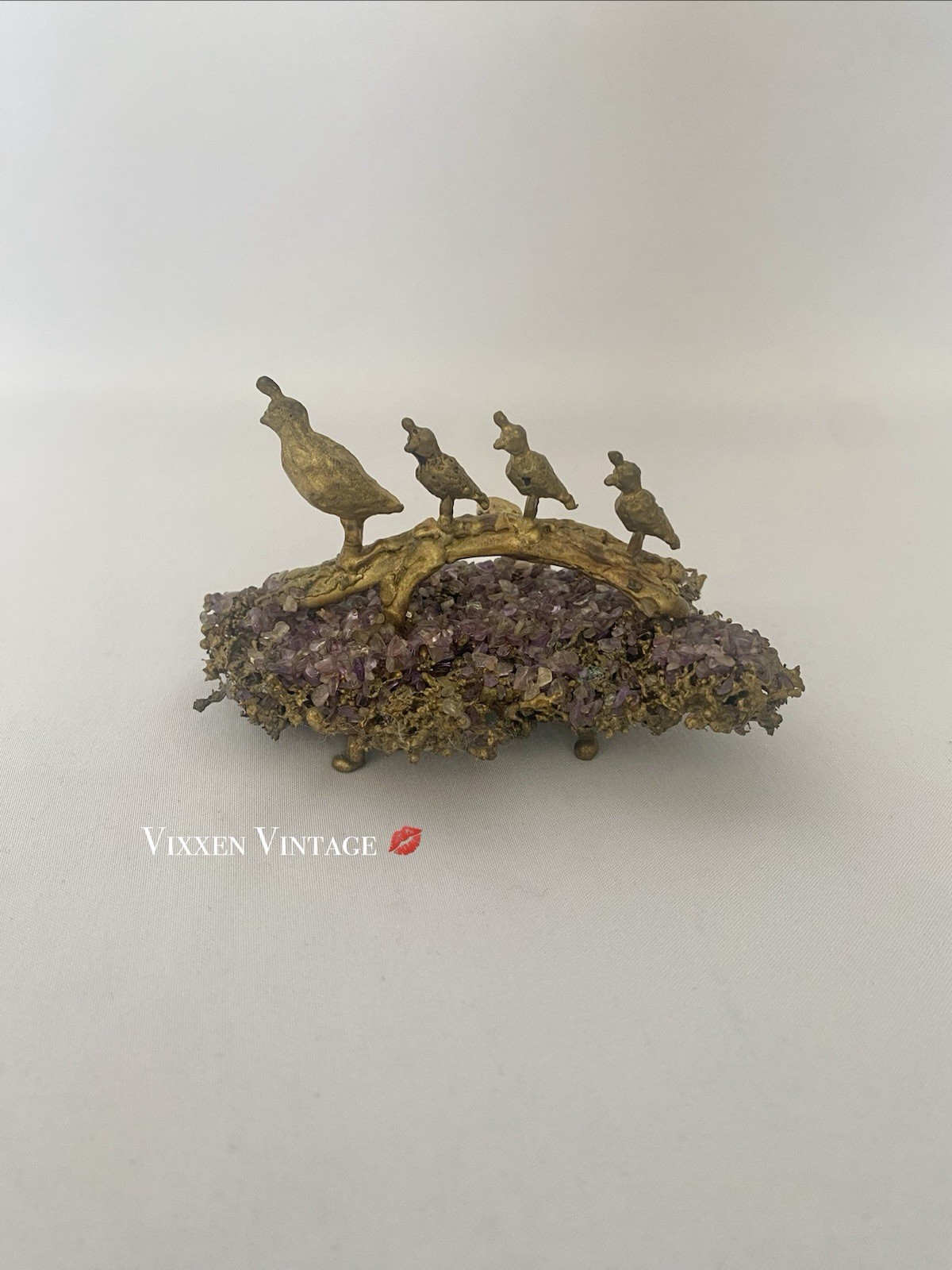 VINTAGE 1970\'S GILT BRONZE & AMETHYST QUAIL FAMILY SCULPTURE FIGURINE