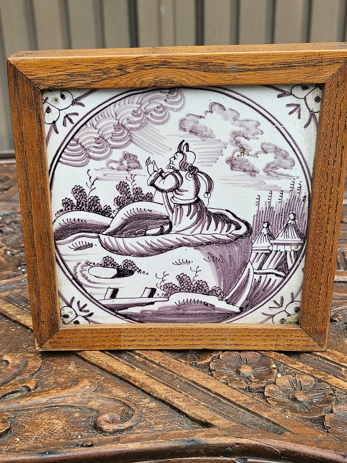 18thC Antique Dutch Delft Manganese Bible Tile Jonah and the Whale Biblical