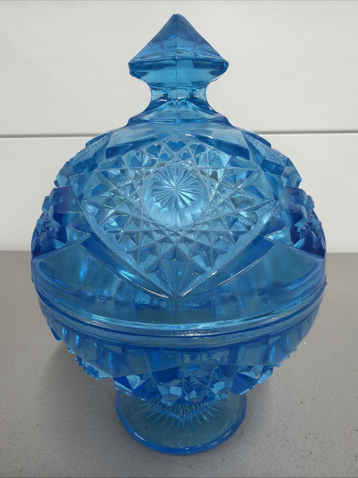 VTG Kemple Wheaton Hobstar & Fan Aqua Blue Glass Compote Candy Dish With Lid