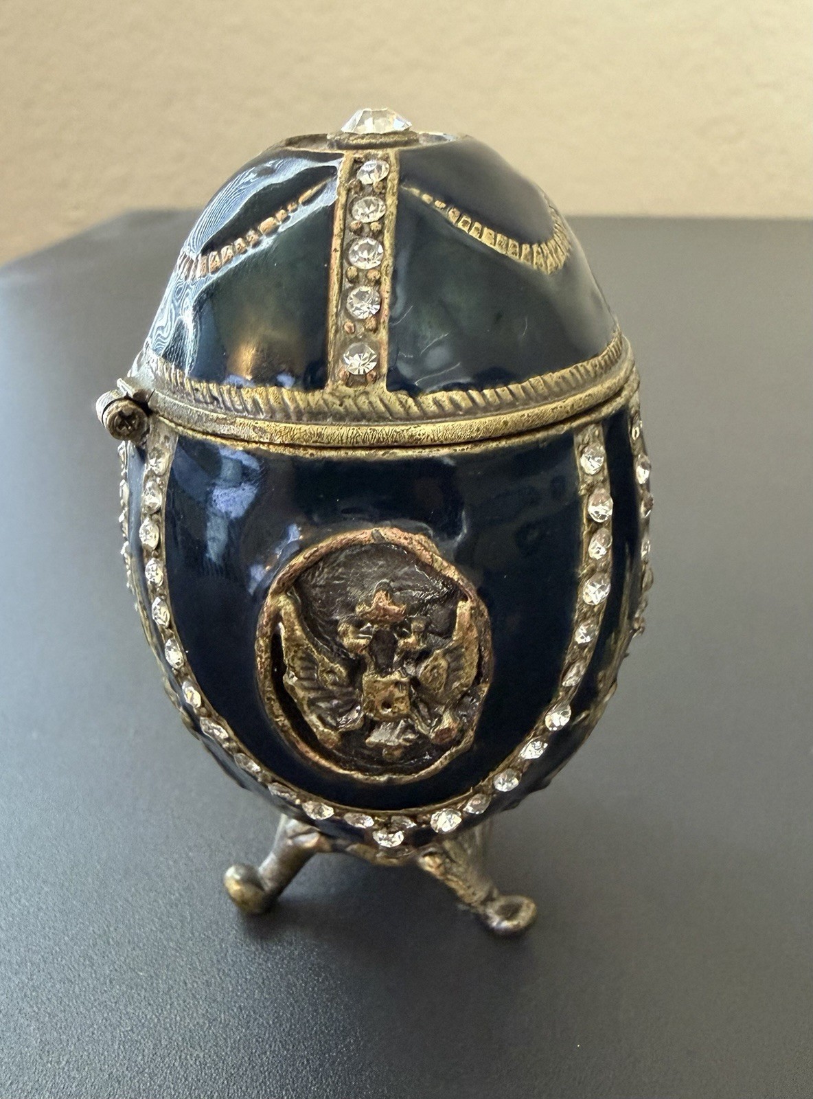 Fabergé Style Imperial Eagle Trinket Box - Blue & Gold Crystal Encrusted Egg