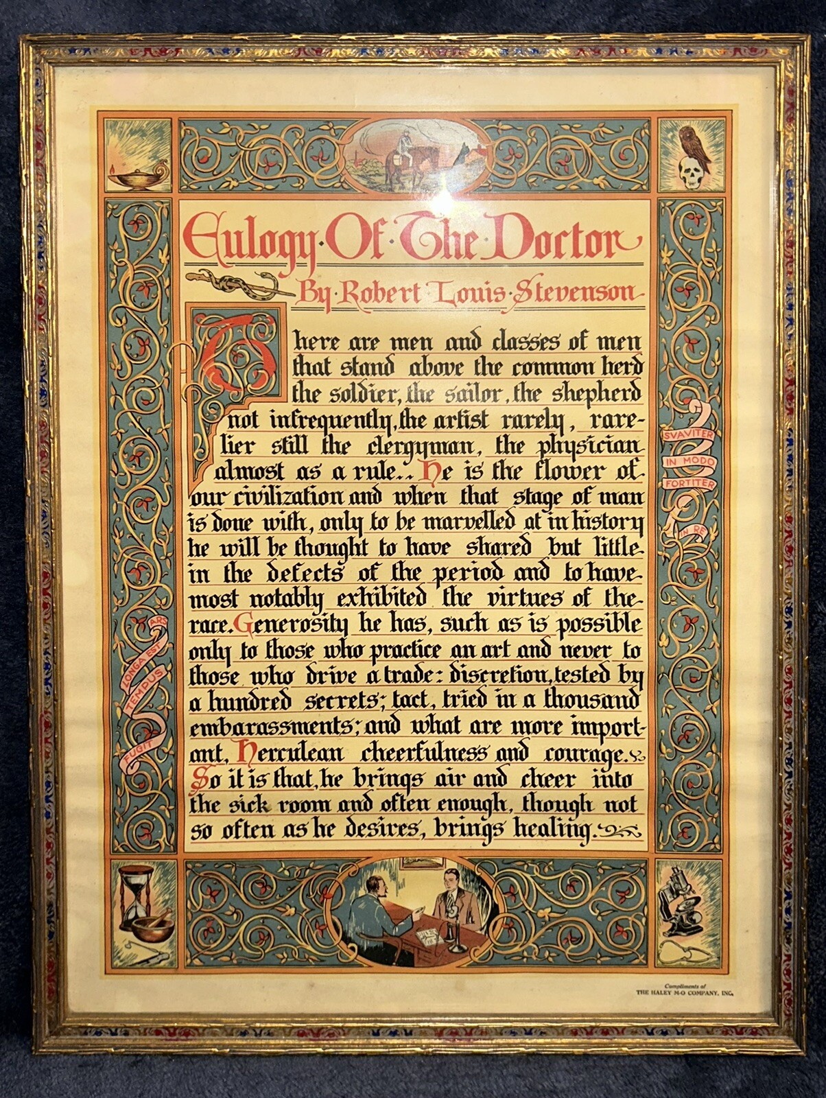 Robert Louis Stevenson Lithograph Poem Eulogy Of The Doctor C-1890 16.75”x12.75”
