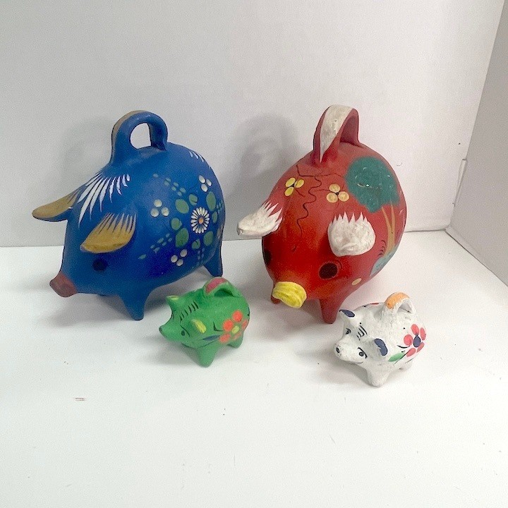 Lot of 4 Vintage Hand-Painted Mexican Clay Piggy Banks – As-Is / Craft Lot