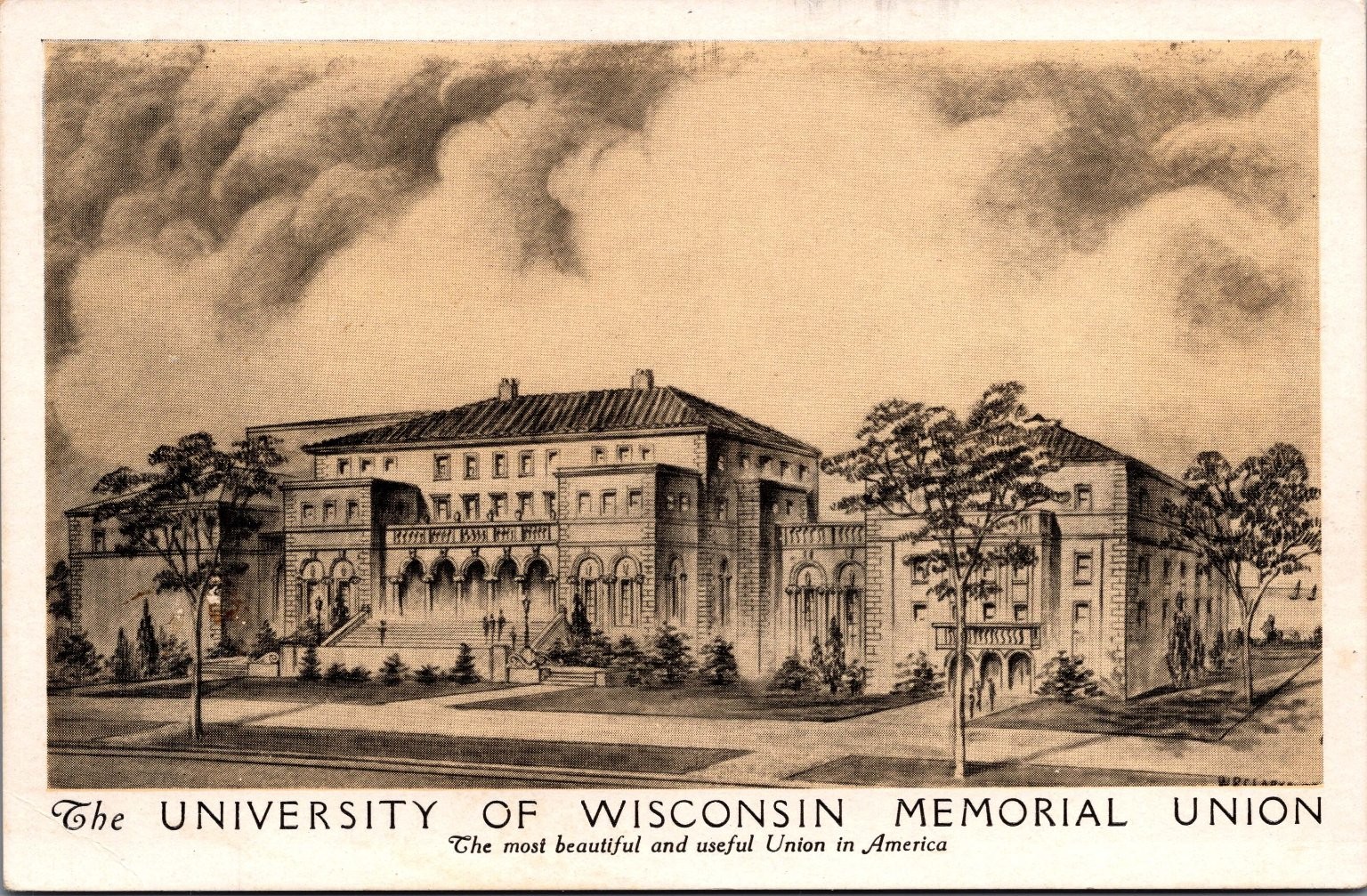UW Madison Memorial Union Lumitone Art Postcard J. A. Fagan Wisconsin