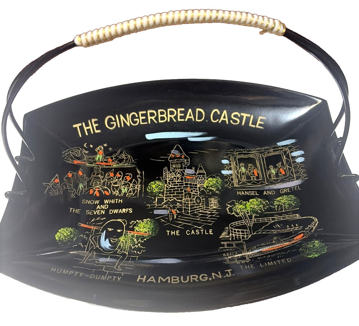 Gingerbread Castle Park Tray Basket Black Plastic w/ Handle Hamburg NJ NOS Vint.