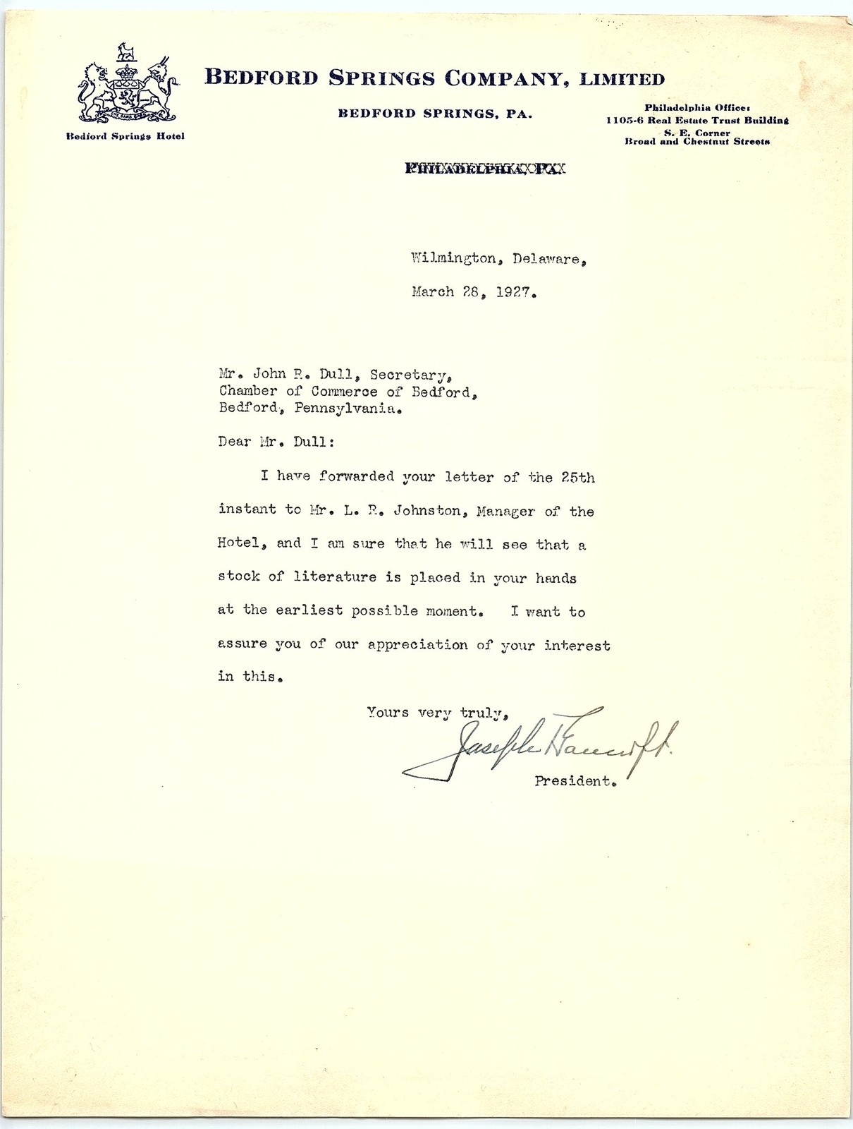 1927 Bedford Springs Hotel Letter Signed Joseph Bancroft Pre 1927 Bedford Springs Hotel Letter Signed Joseph Bancroft Pre