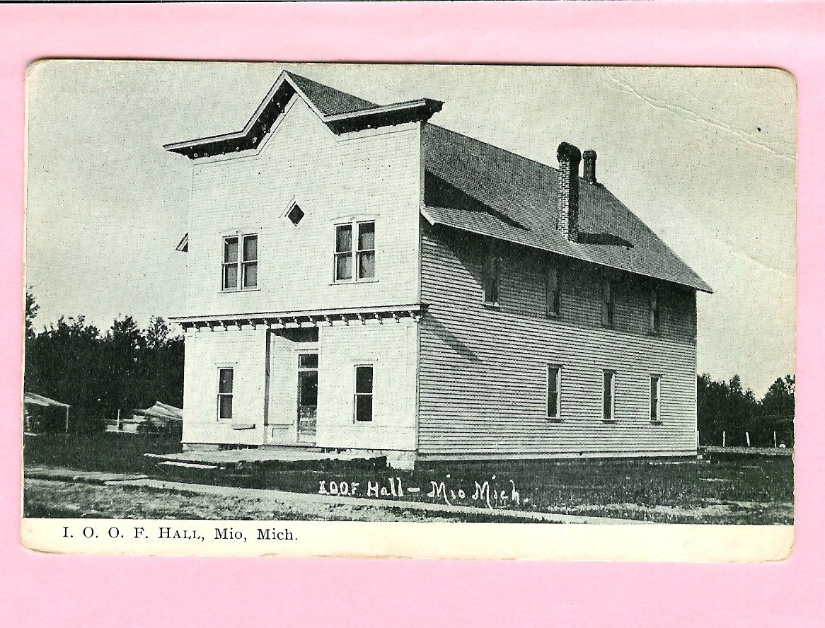 I.O.O.F. Hall Mio, Michigan Postcard 1910 Postmark