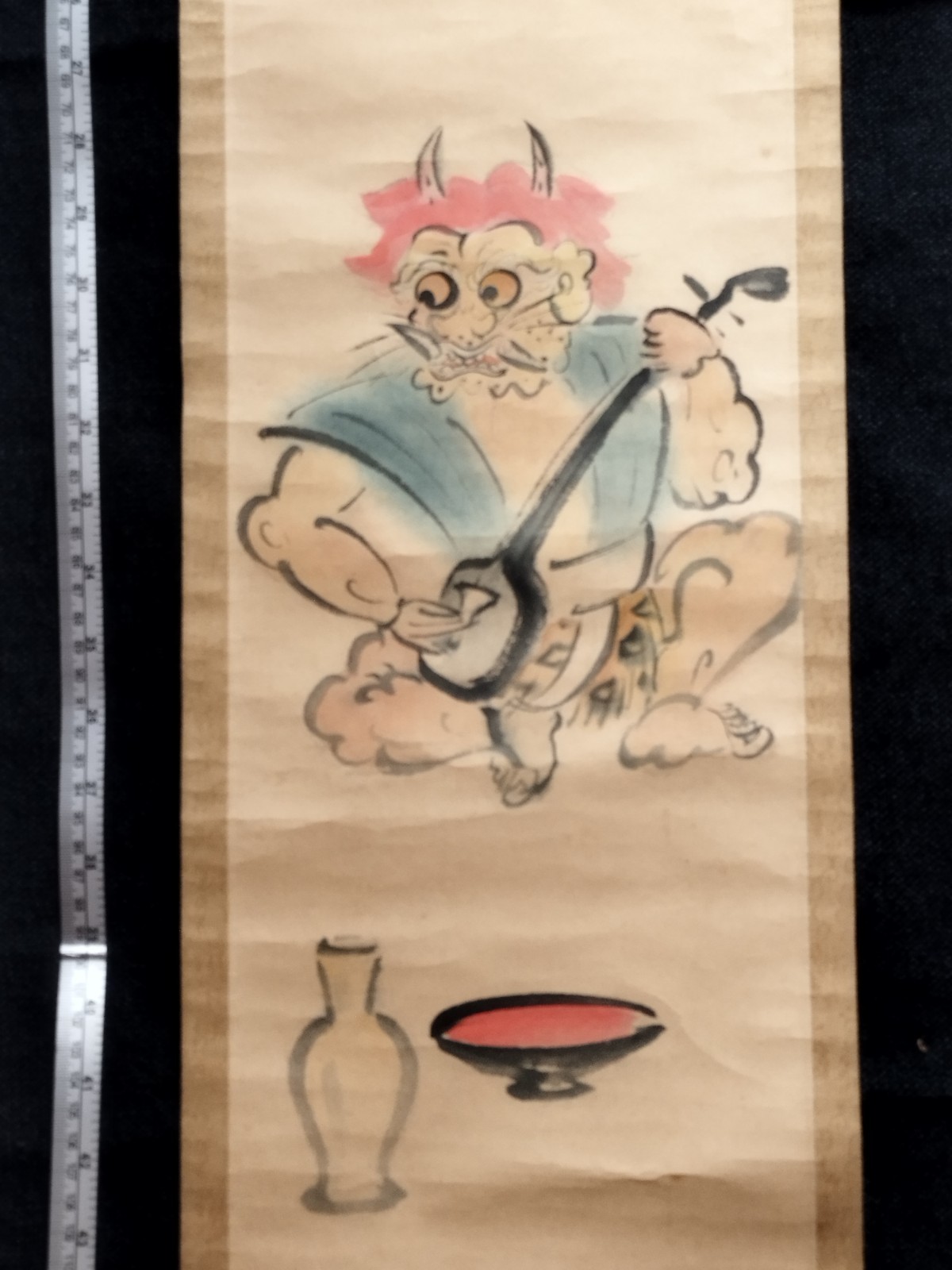 Japanese Hanging Scroll Otsu-e Painting monk demon (oni) playing &drinking sake Japanese Hanging Scroll Otsu-e Painting monk demon (oni) playing &drinking sake
