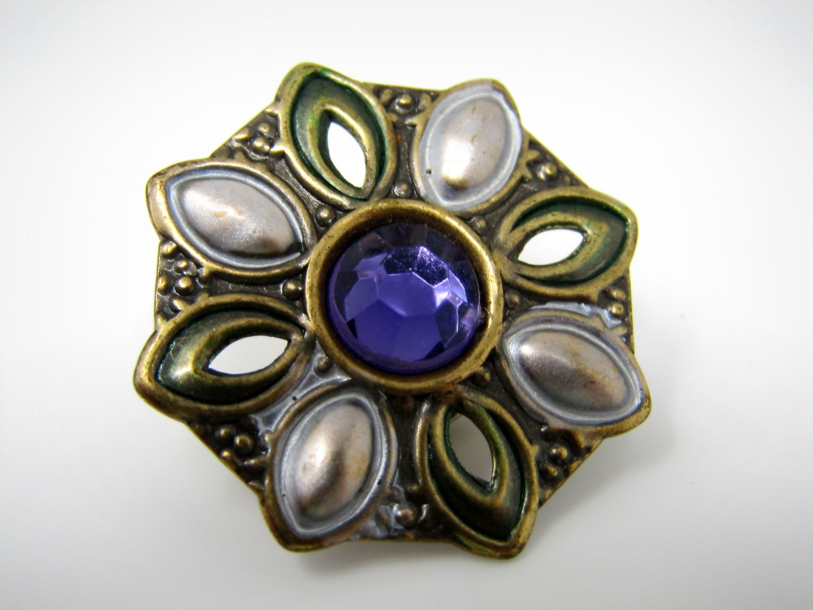 Vintage Flower Brooch Pin Purple Rhinestone Green Enamel Two-Tone Metal Costume