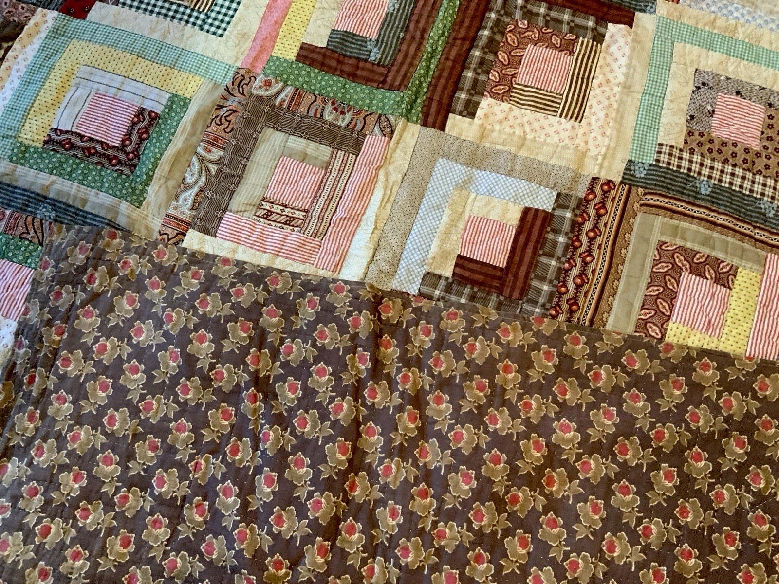 Antique Patchwork Quilt, Log Cabin, Brown Calico Back, Hand Quilted, 1880’s