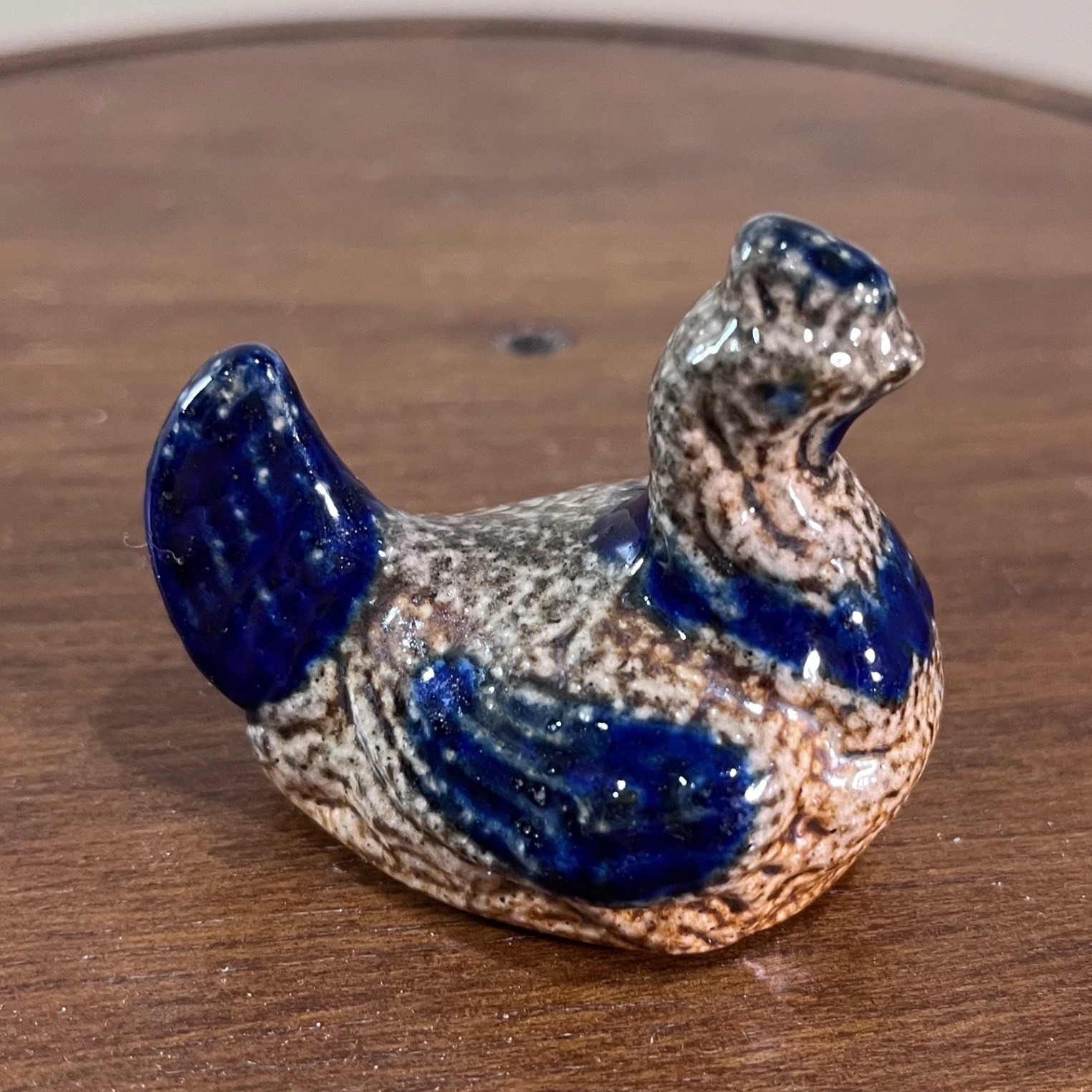 BBP Hen Figurine Vtg 1991 Blue Salt Glaze Stoneware Miniature Chicken Pottery
