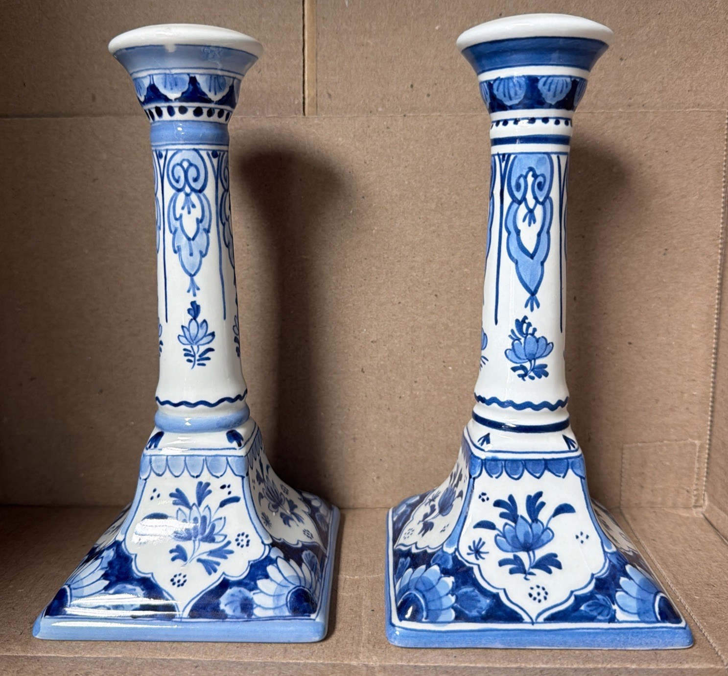 Rare the real deal Vintage Delft Style Footed Taper Pair Candlesticks A++ Rare the real deal Vintage Delft Style Footed Taper Pair Candlesticks A++