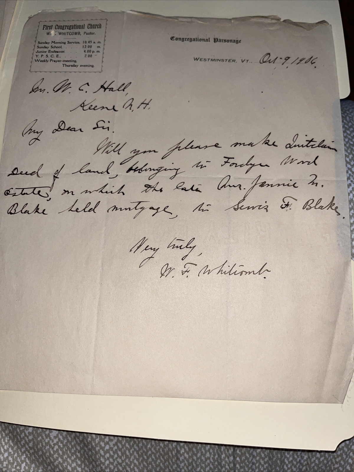 Antique Letter 1906 from Pastor of First Congregational Church Westminster VT