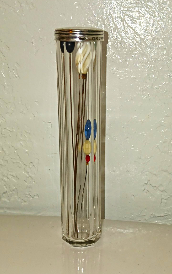 VTG English Sterling Silver Cut Ribbed Glass Cylinder Hat Pin Holder &  Hat Pins