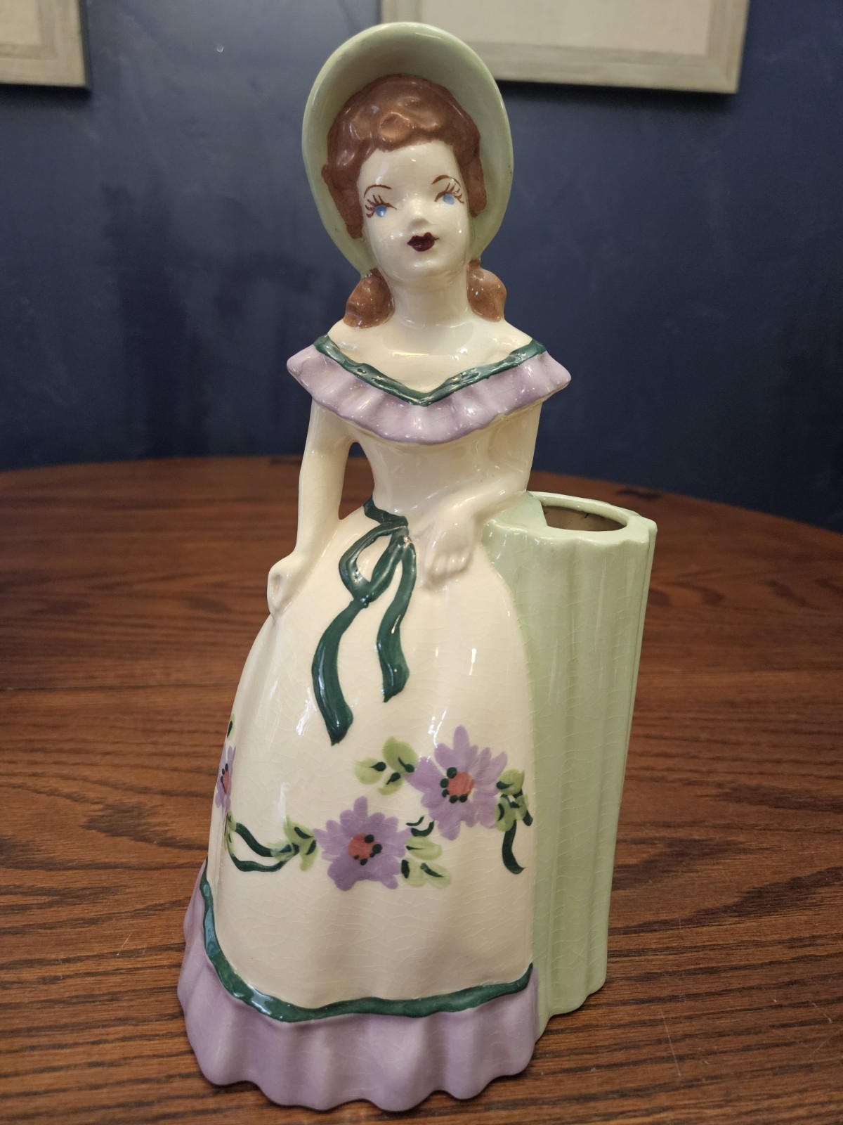 Weil Ware Figurine Vase Woman Purple Flowers California Pottery Bud Vase 10”Tall