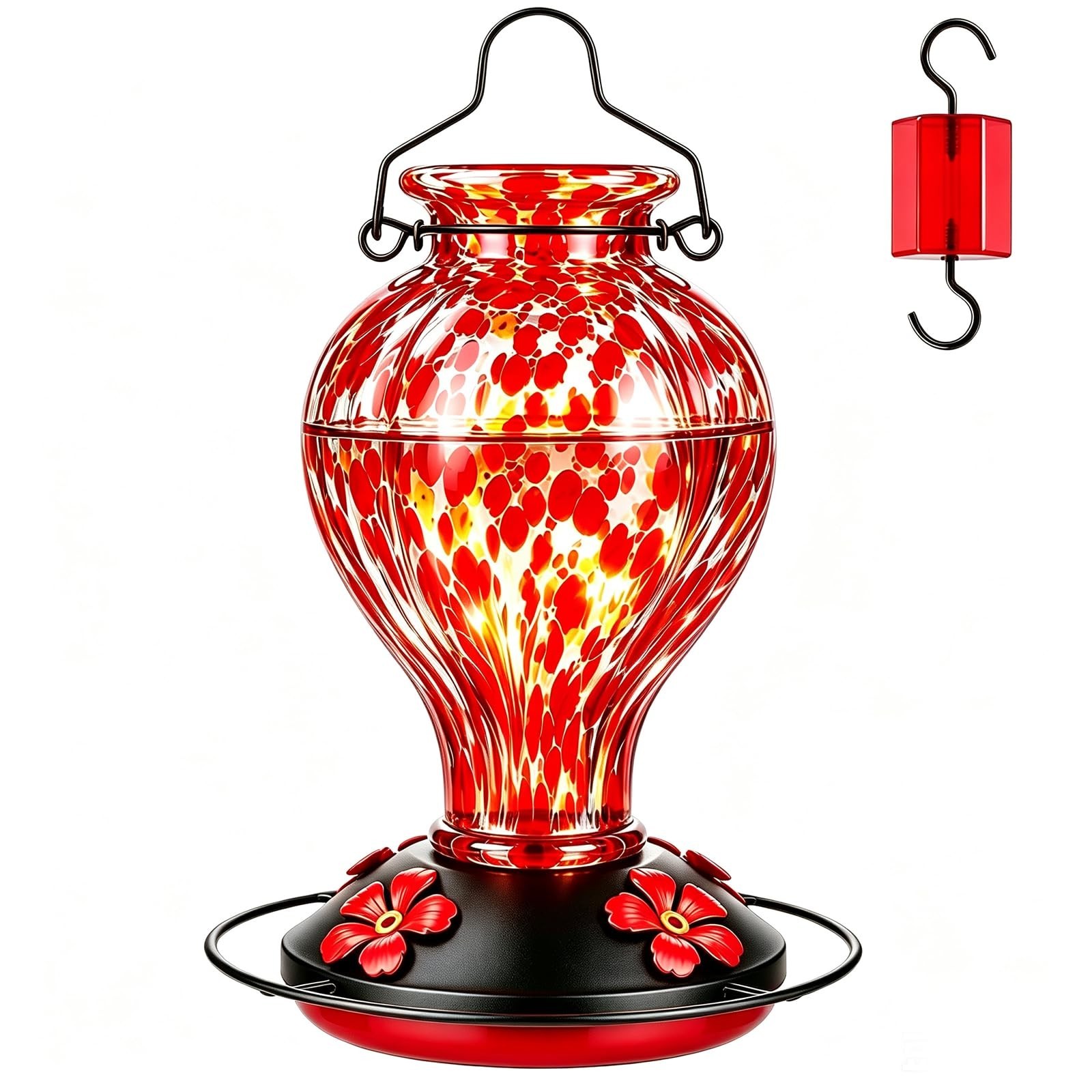 Hand Blown Glass Hummingbird Feeders for Outdoors Hanging, 24oz Wild Bird Nec...